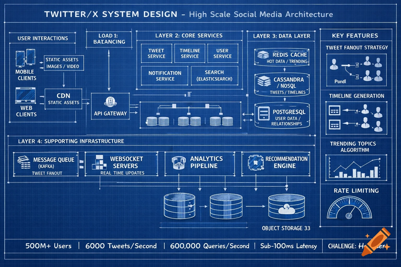 A detailed blueprint-style diagram for Twitter/X system design, showing user interactions, core services, data layers, and key features.