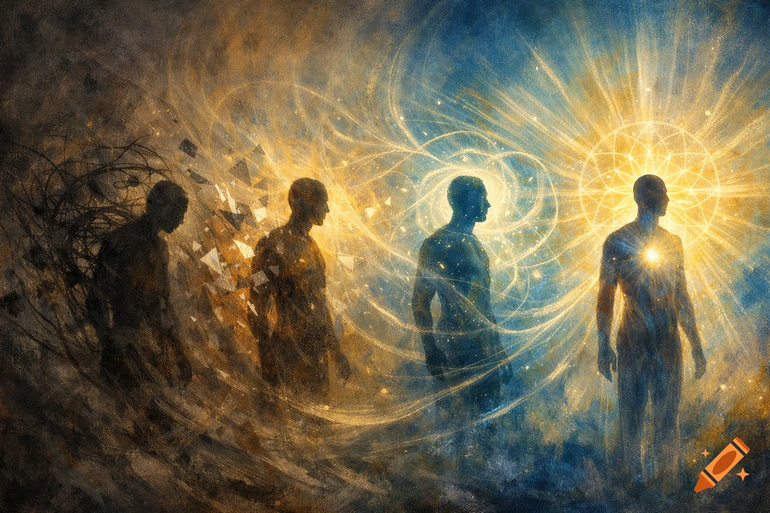 Four figures transforming from dark, disintegrating forms to bright, glowing, ethereal beings against a cosmic background.