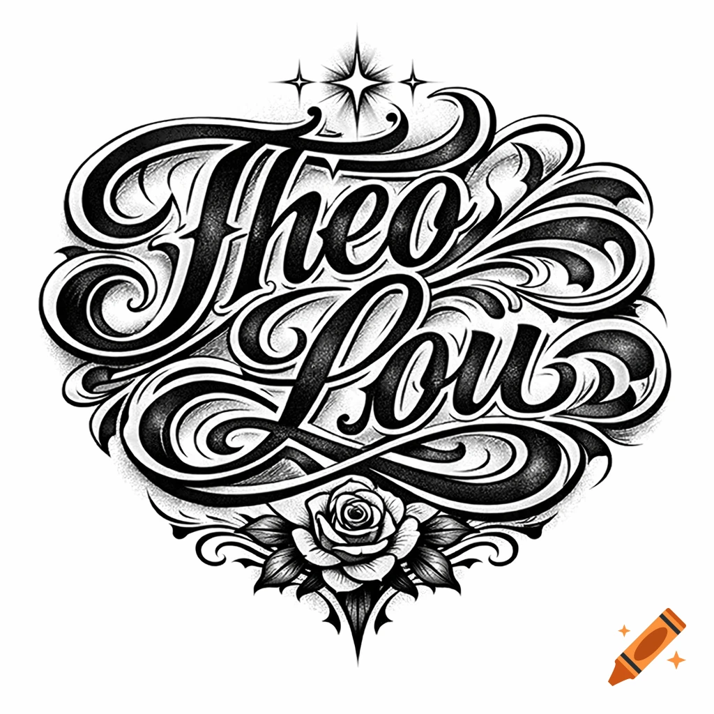 Black and white Chicano style script art with the names 'Theo' and 'Lou' elegantly intertwined with ornamental flourishes and a rose.