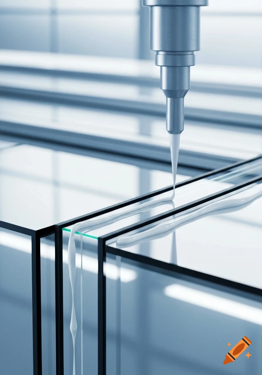 A close-up of a robotic arm applying white sealant between two triple insulated glass panels in a sterile industrial setting.
