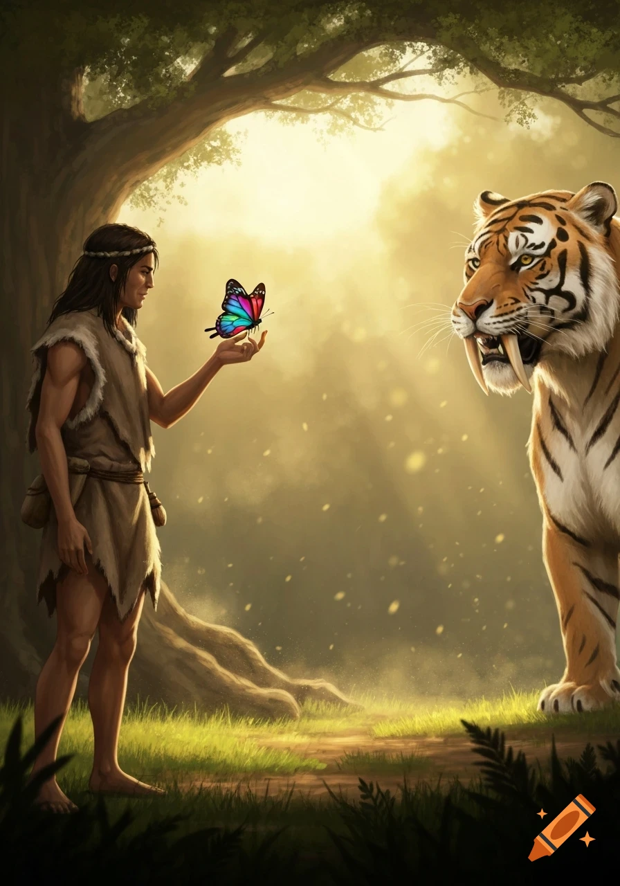 A primitive man holds a colorful butterfly while a saber-toothed tiger watches in a sunlit forest.