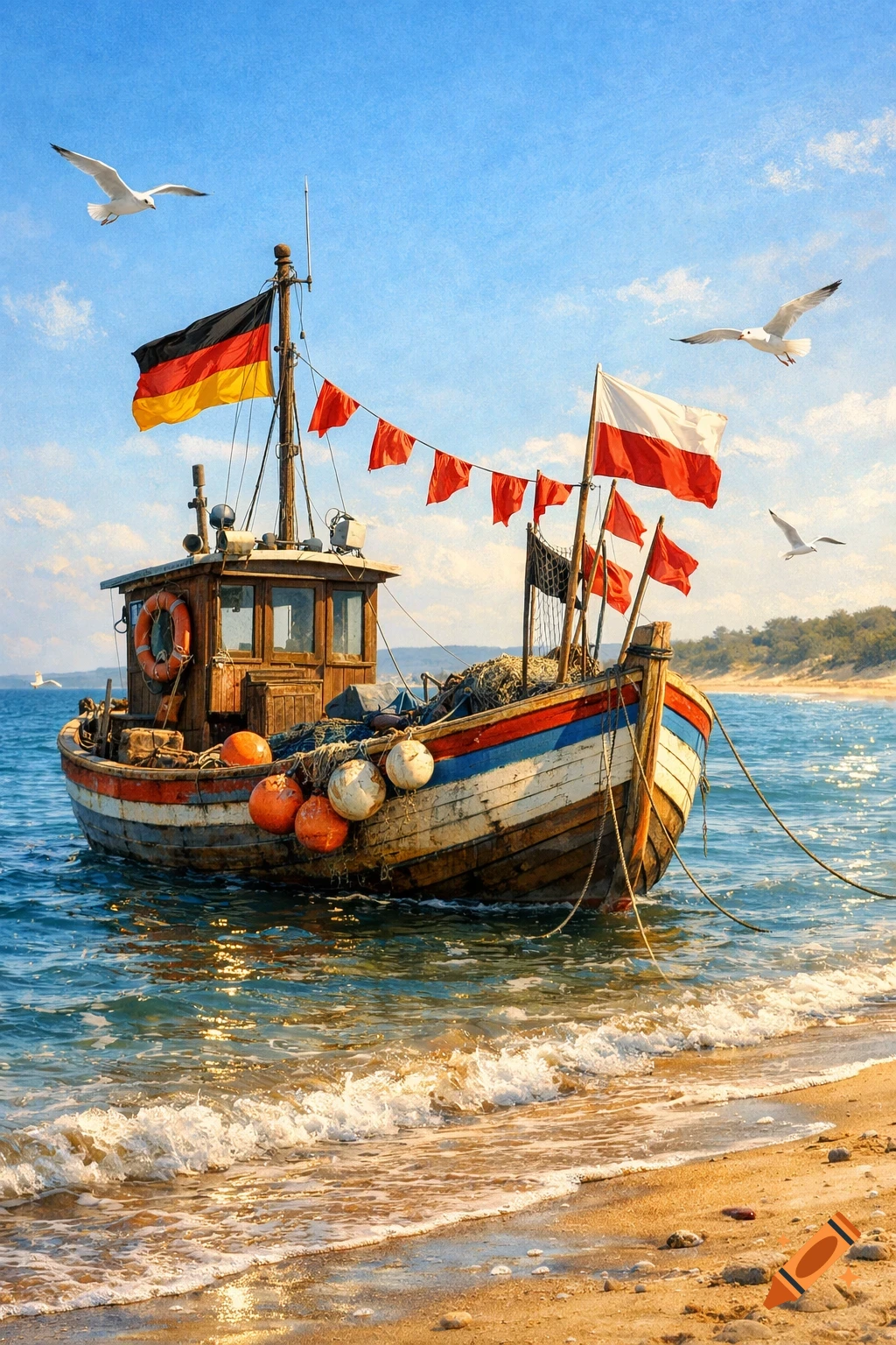 A rustic fishing boat with German and Polish flags docked at a sandy beach shore under a bright blue sky, with seagulls flying.