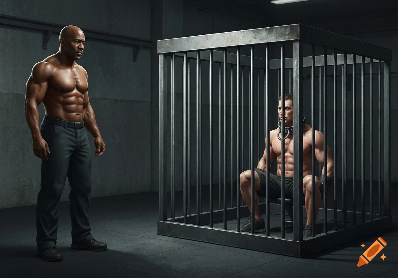 Photorealistic image of two muscular men in a dark industrial gym, one caged with a collar, the other standing.