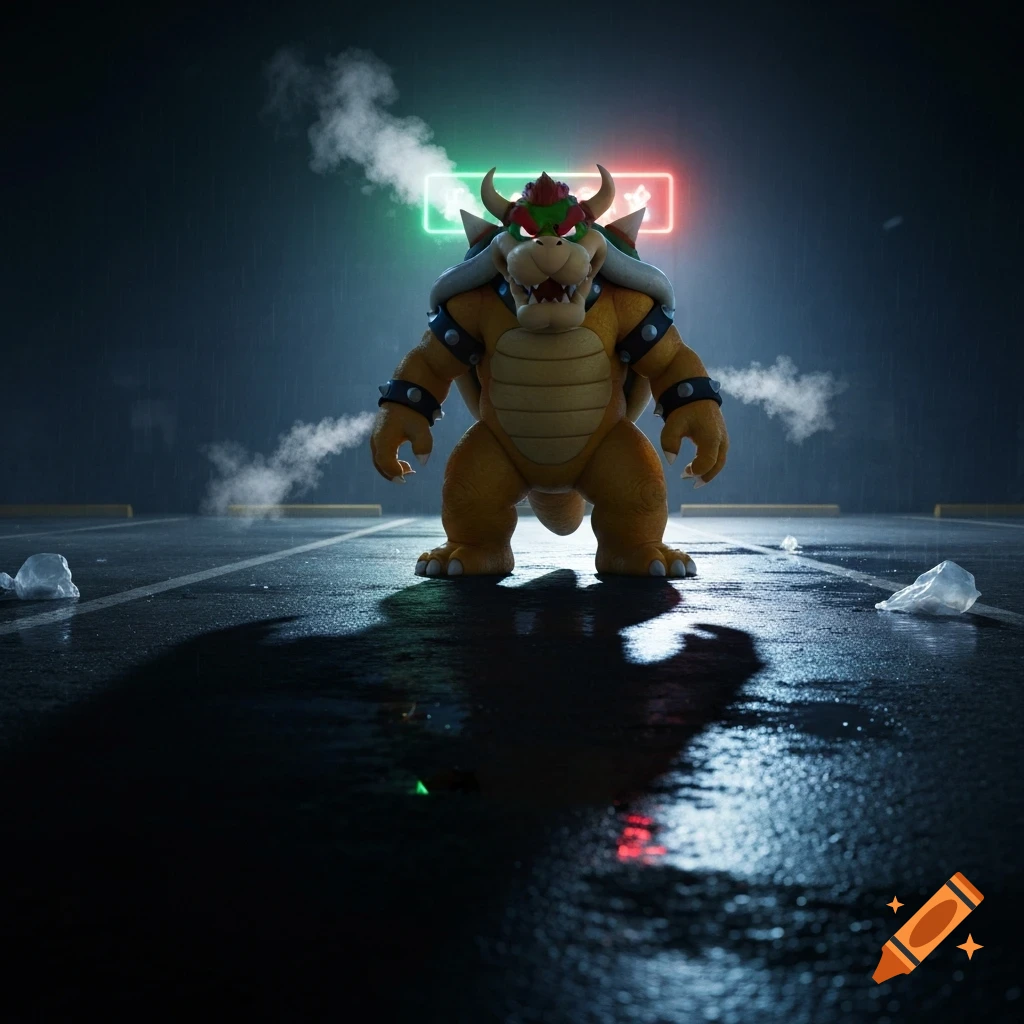 Bowser stands in a dark, rainy parking lot at night, steam rising around him with neon signs in the background.