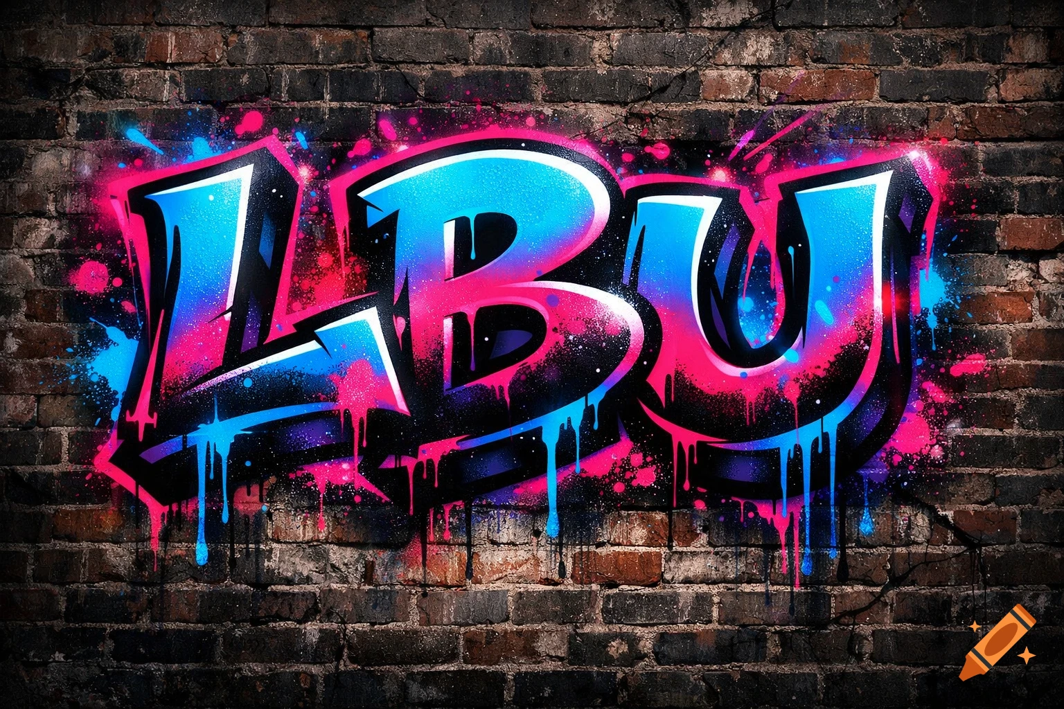 Graffiti letters LBU in vibrant pink and blue with drips and splatters on a dark brick wall.