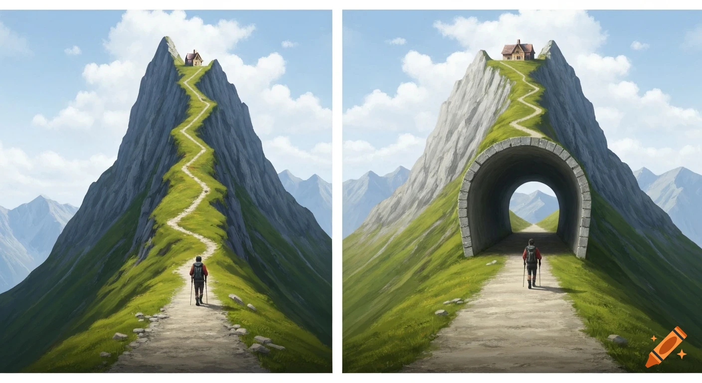 A split image showing two paths up the same green mountain. On the left, a hiker walks a winding path over the peak to a house. On the right, a hiker walks towards a tunnel through the mountain leading to the same house.