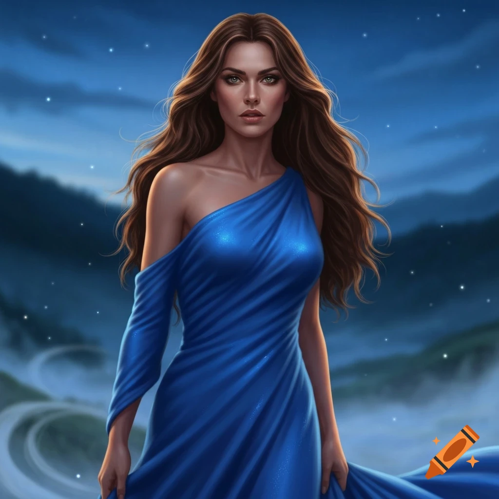 A woman with long brown hair and a blue, flowing, one-shoulder dress stands against a dark, starry, misty background.