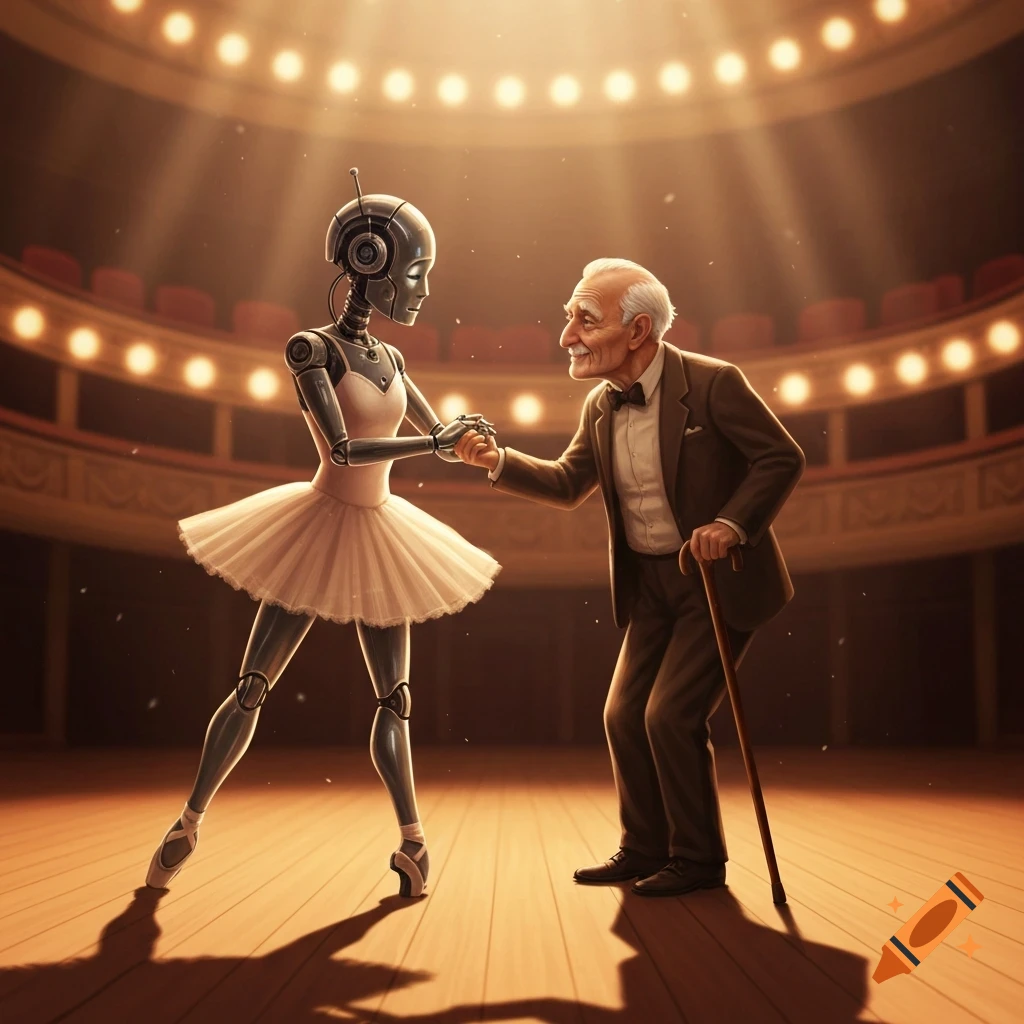 A robot ballerina in a tutu dances with an old man holding a cane on a spotlighted theater stage.