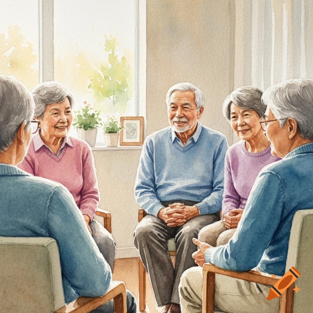 Watercolor painting of a group of smiling seniors sitting in a circle and conversing in a brightly lit room.