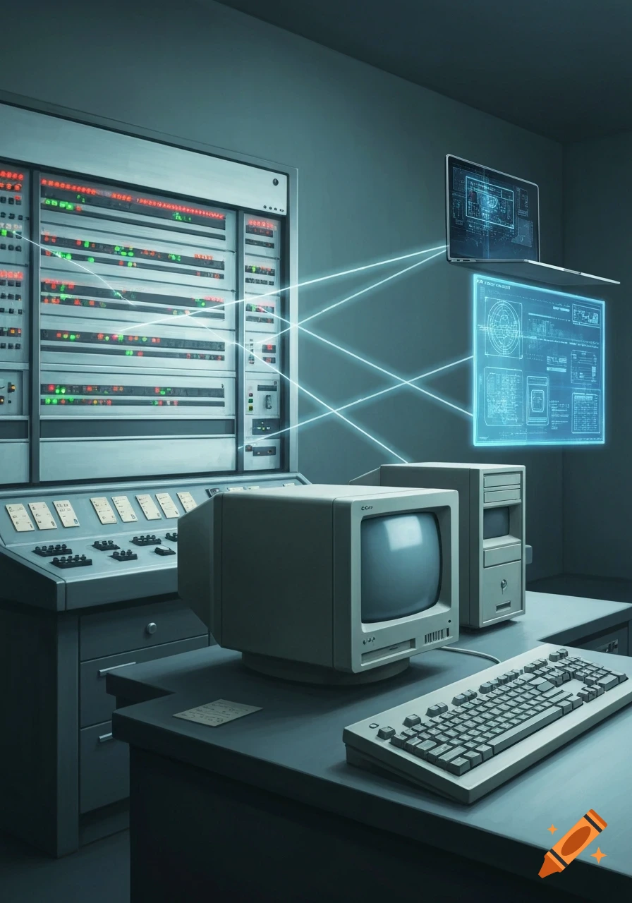 A retro computer setup with a CRT monitor, desktop tower, keyboard, large server rack, and glowing holographic screens connected by light lines in a dark room.