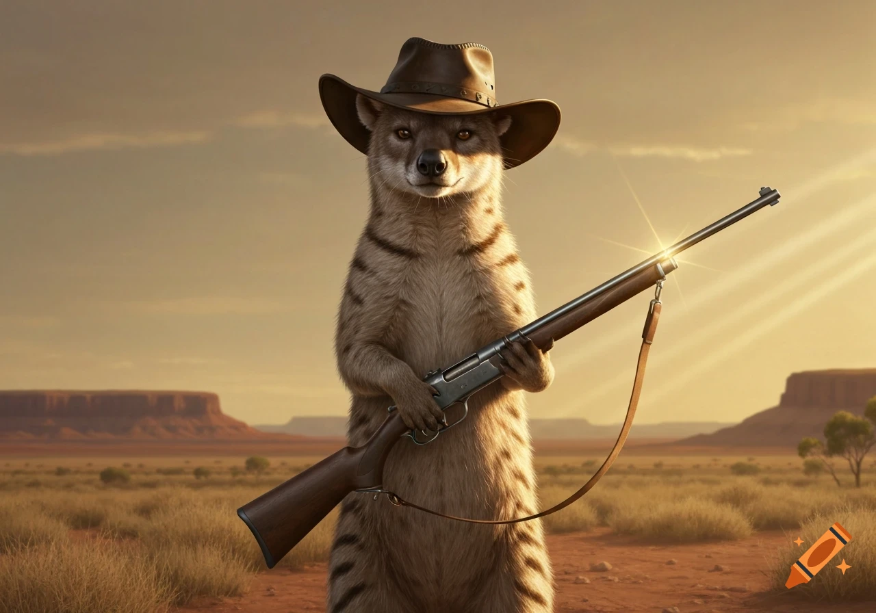 A photorealistic anthropomorphic thylacine-like creature in a cowboy hat holds a rifle in a sunlit desert landscape.