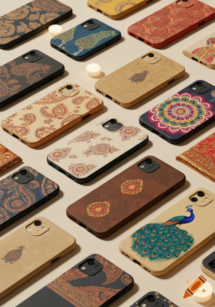 Multiple phone cases featuring intricate Indian-inspired patterns like paisley, mandalas, and peacocks, arranged on a light surface.