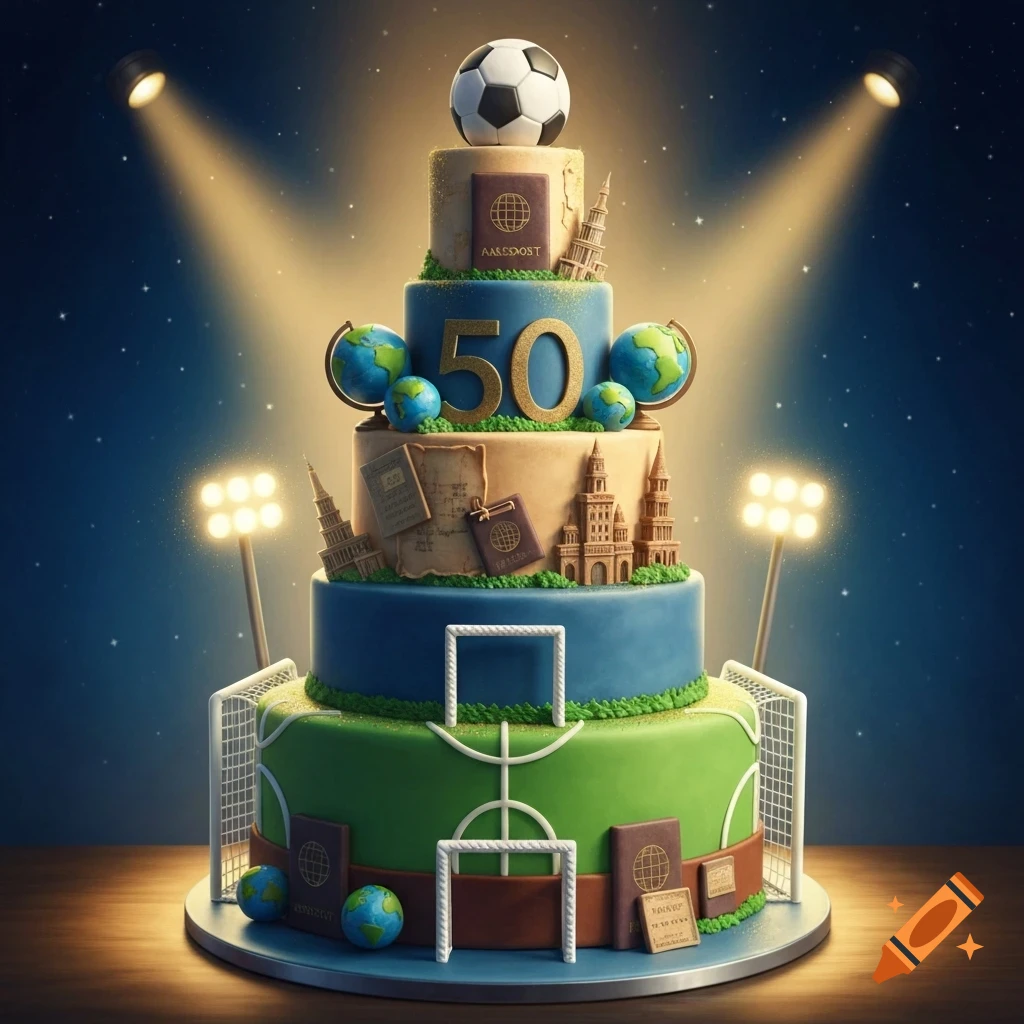 A multi-tiered birthday cake decorated with a soccer ball,