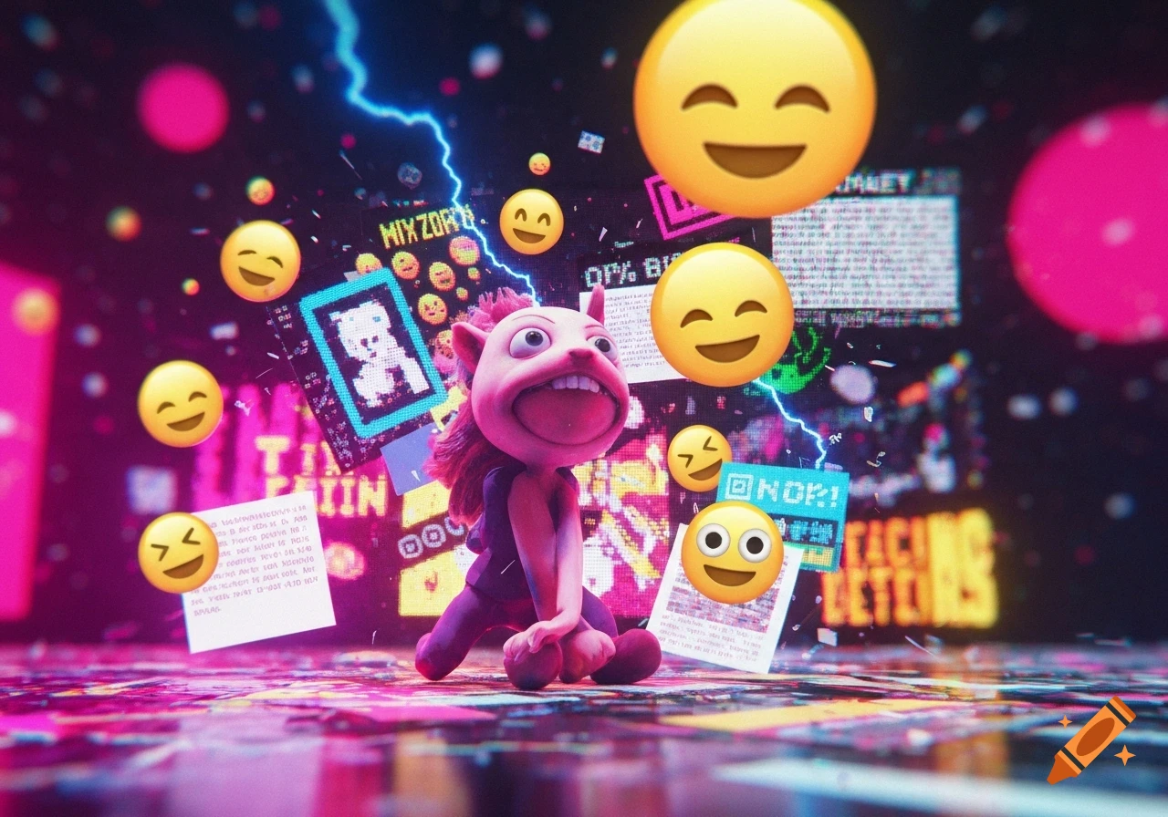 A pink, wide-mouthed creature with large eyes sits amidst glowing neon signs, floating emojis, and garbled digital text against a dark, vibrant background.