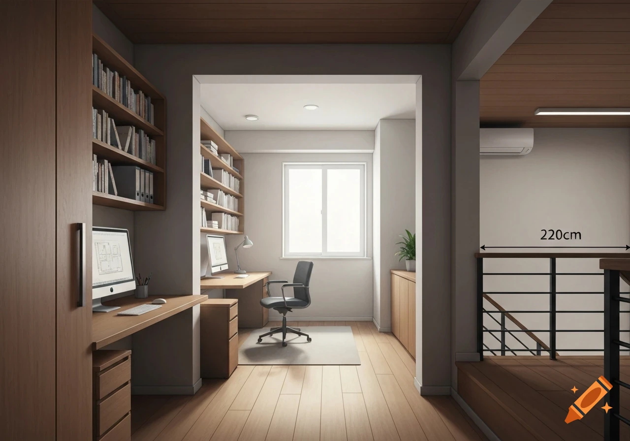 Photorealistic modern home office with light wood floors, built-in desk, bookshelves, two computers, and an office chair, leading to a staircase.