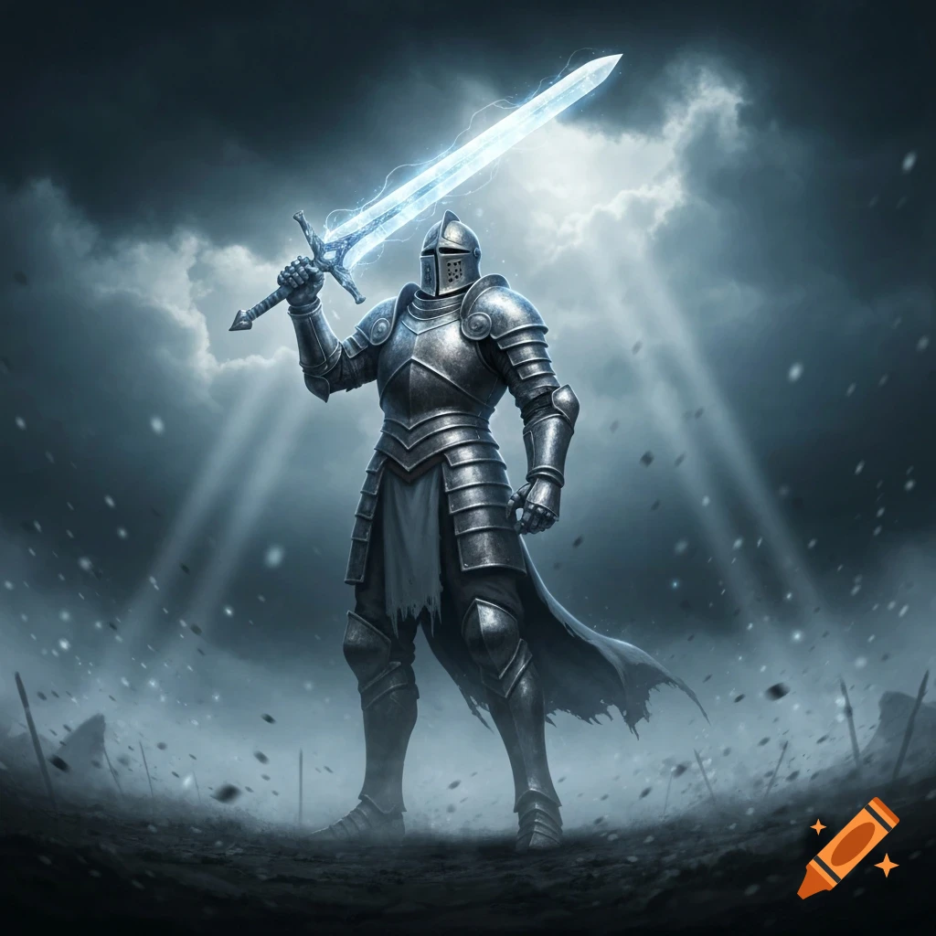A knight in shining armor raises a glowing, electrified sword amidst a stormy, misty battlefield with light rays from the clouds.
