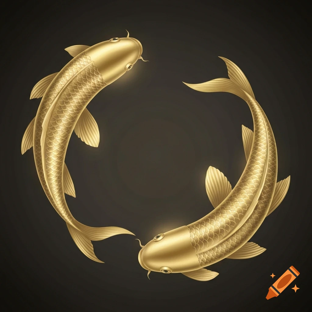 Two elegant golden koi fish, stylized in a Japanese symbolic style, form a circular shape with a soft glow on a dark background.