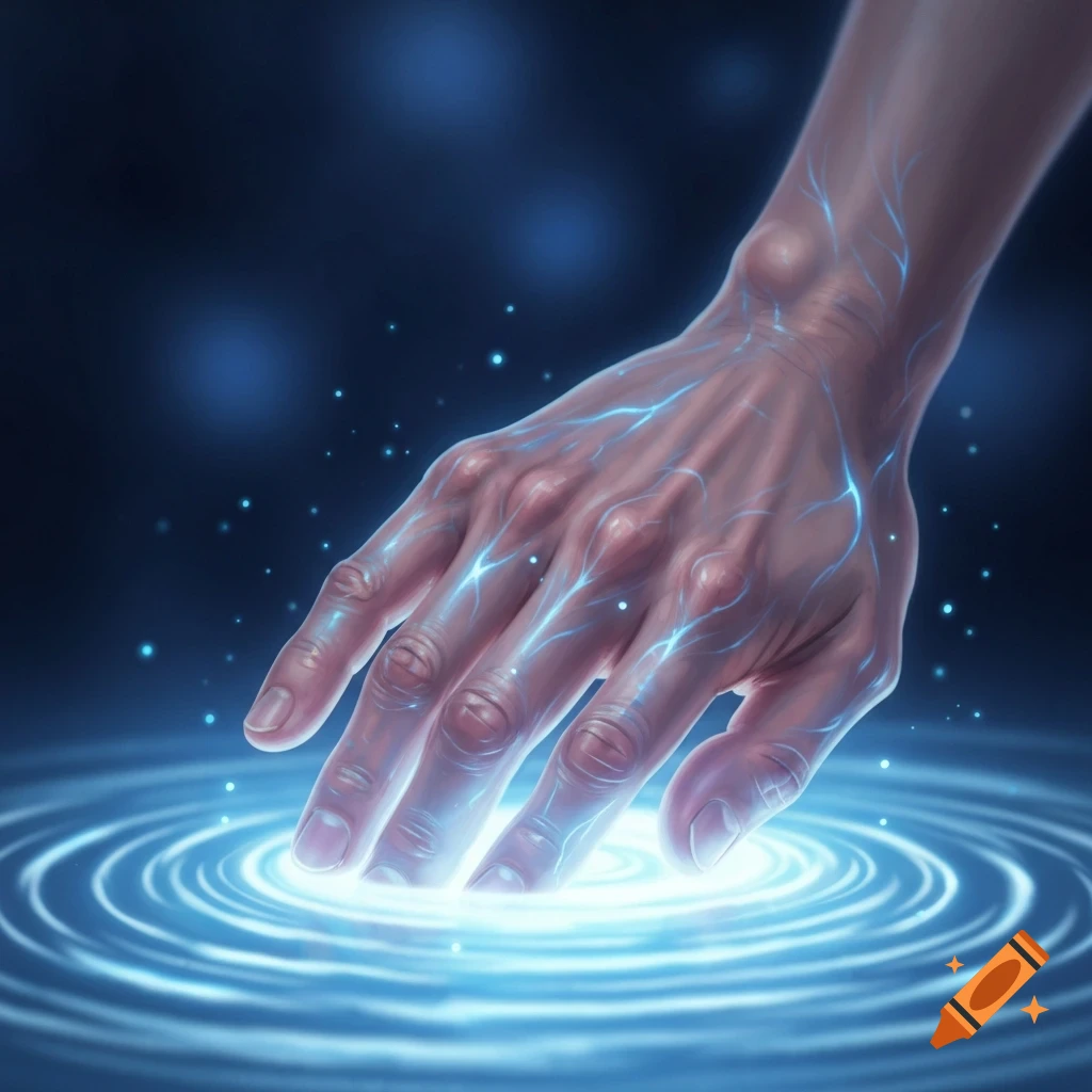 A human hand with glowing blue veins touches a luminous blue ripple effect on a dark background, surrounded by sparkling particles.