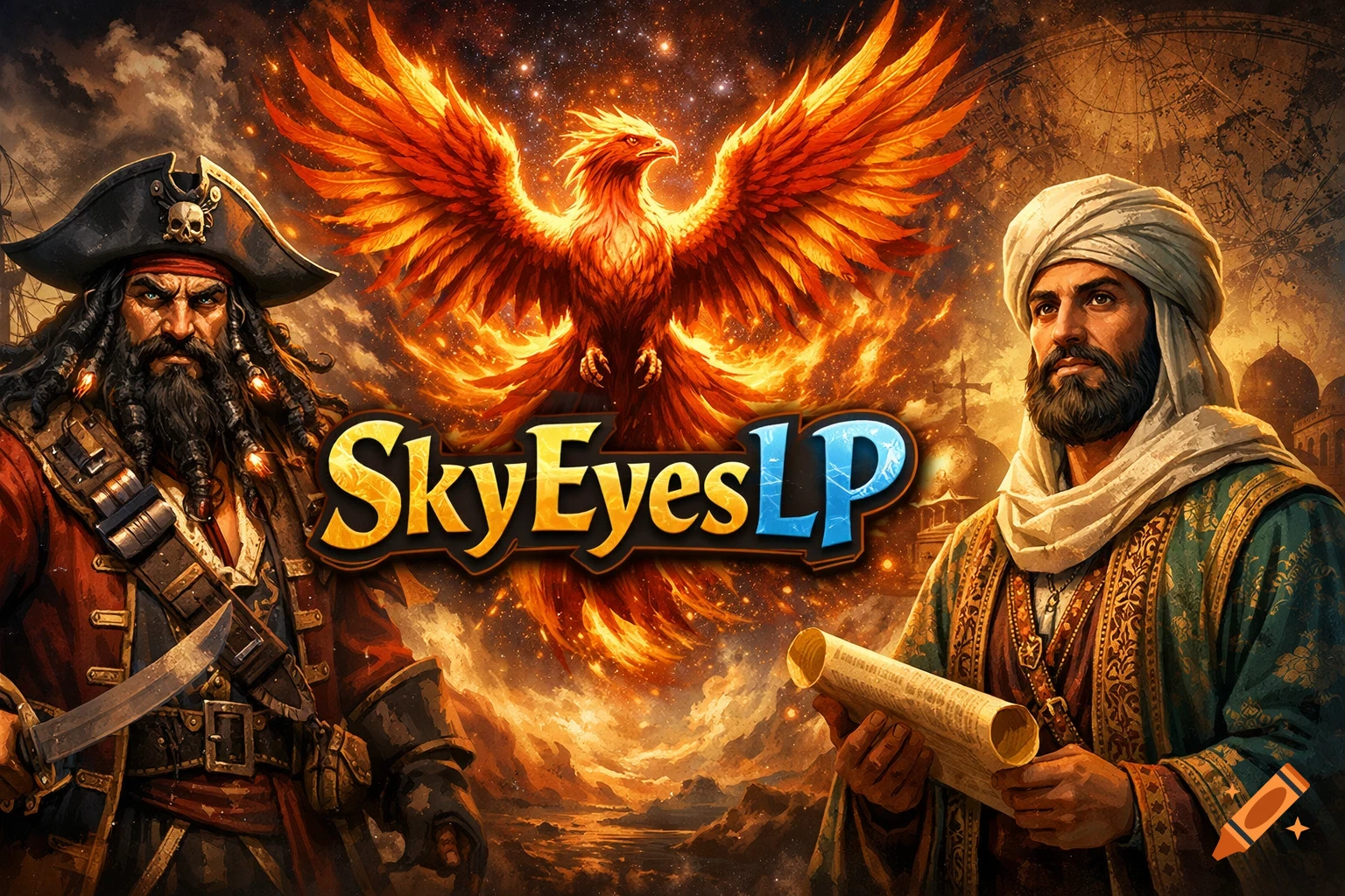 A vibrant fantasy illustration with a pirate, flaming phoenix, and Arabian scholar, text 'SkyEyesLP'.