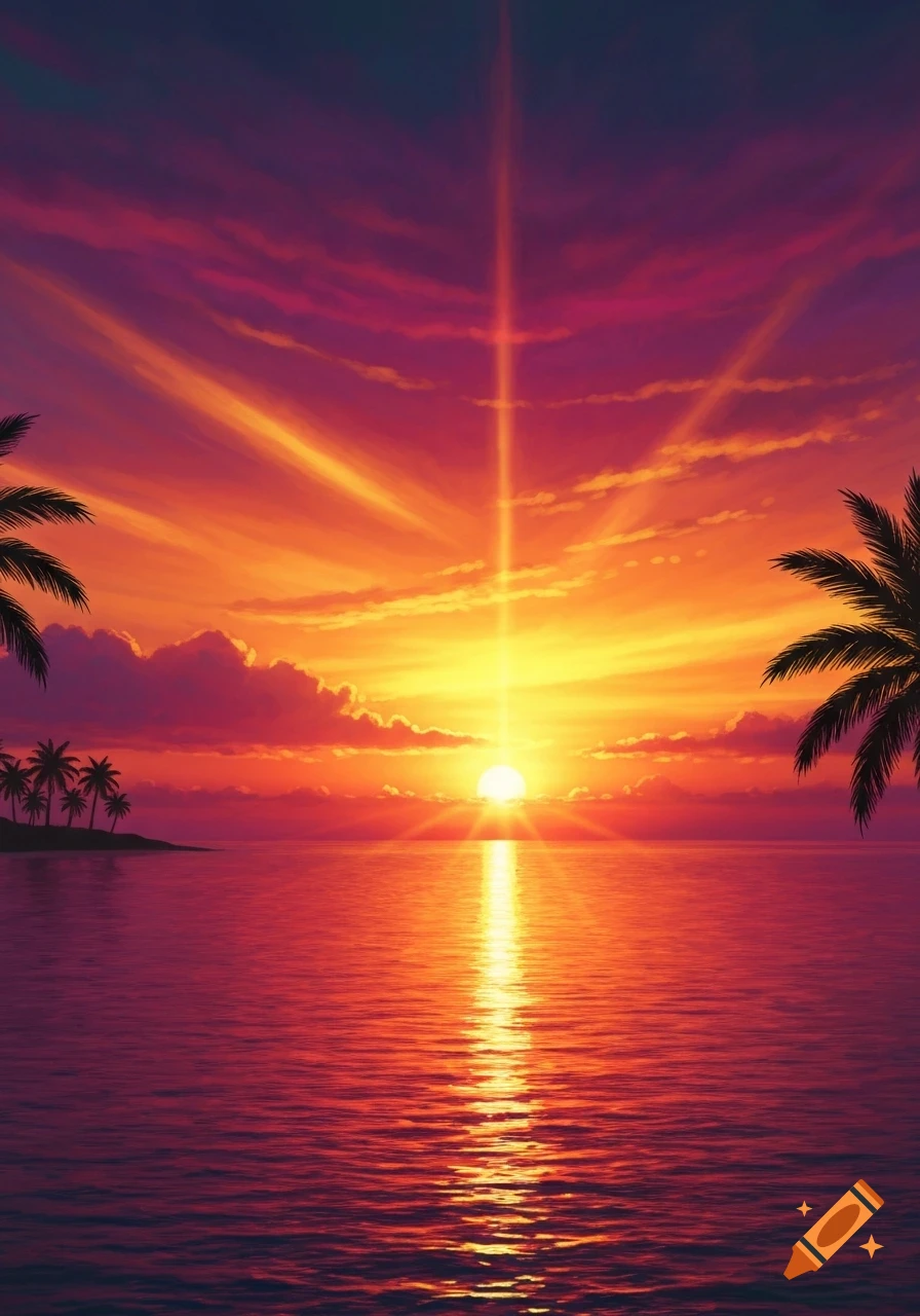 Vibrant tropical sunset over an ocean with palm tree silhouettes and dramatic light rays.