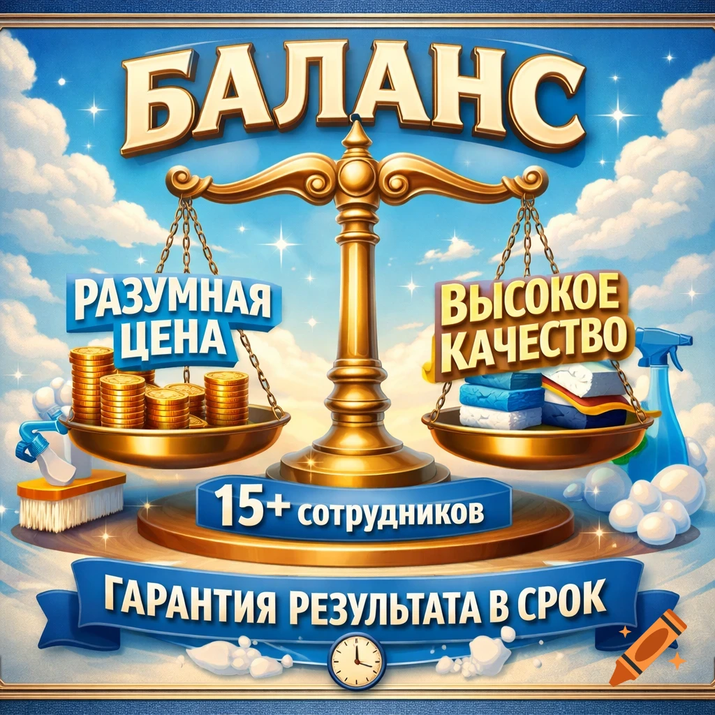 An advertisement for a cleaning company showing a golden balance scale with stacks of coins on one side and cleaning supplies on the other. Text in Russian reads "Balance," "Reasonable Price," "High Quality," "15+ employees," and "Result Guarantee on Time." The background is a blue sky with clouds.