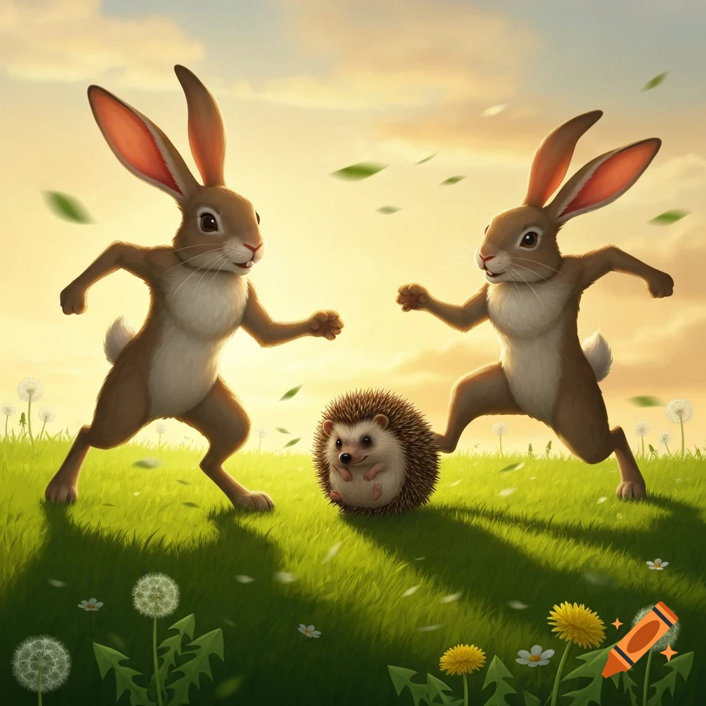 Two anthropomorphic cartoon rabbits chase a hedgehog rolled into a ball ...