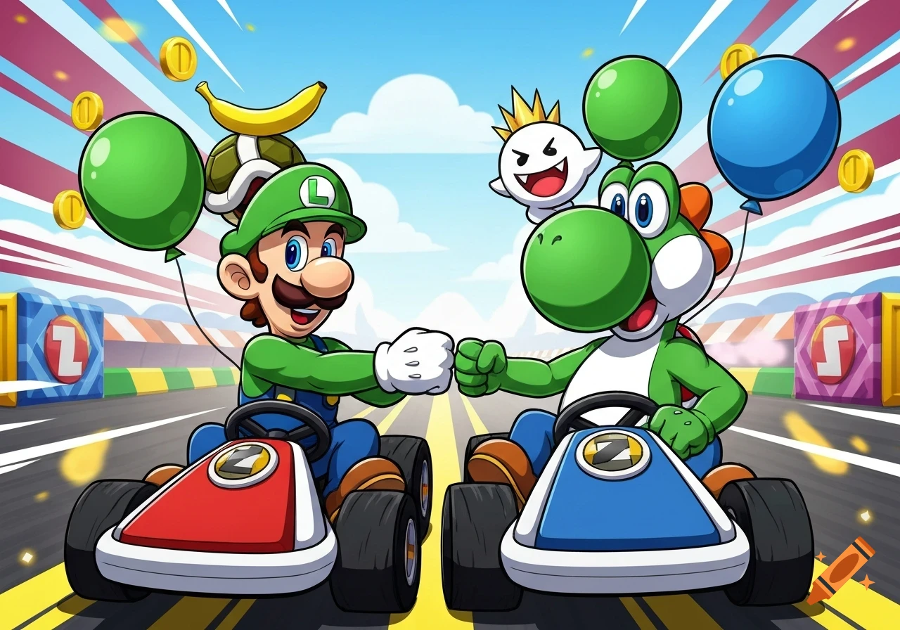 Luigi and Yoshi in go-karts fist-bumping on a racetrack with balloons, coins, a banana, and King Boo.