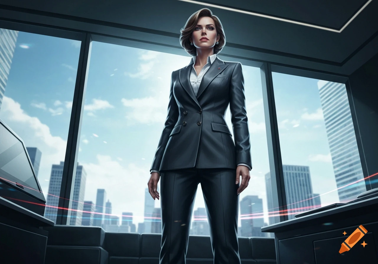 Photorealistic portrait of a confident business manager in a dark suit standing in a modern office overlooking a city skyline.