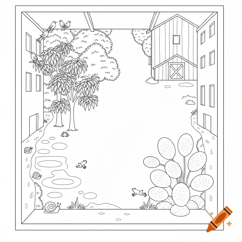 A black and white sketch in a children's coloring book style, depicting a rural scene with buildings, palm trees, frogs, snails, birds, and water puddles.