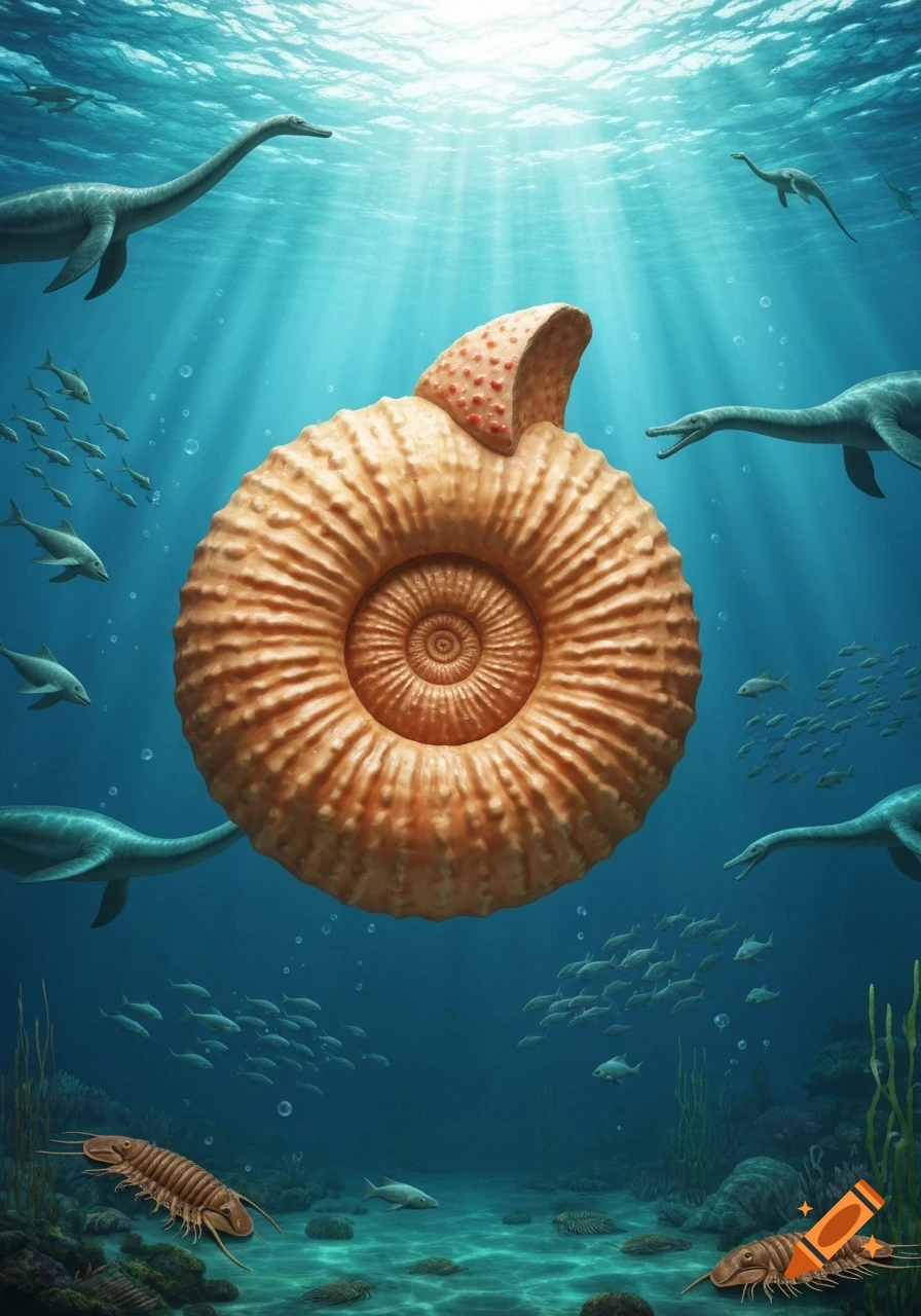 A large, light orange ammonite in a sunlit Triassic ocean with swimming plesiosaurs, schools of fish, and trilobites.