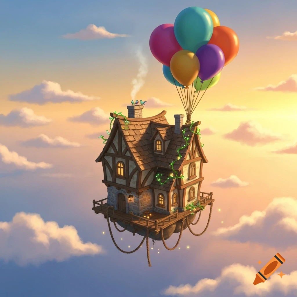 A whimsical animated house with a brown roof and stone base floats through a cloudy golden sky, held aloft by colorful balloons.