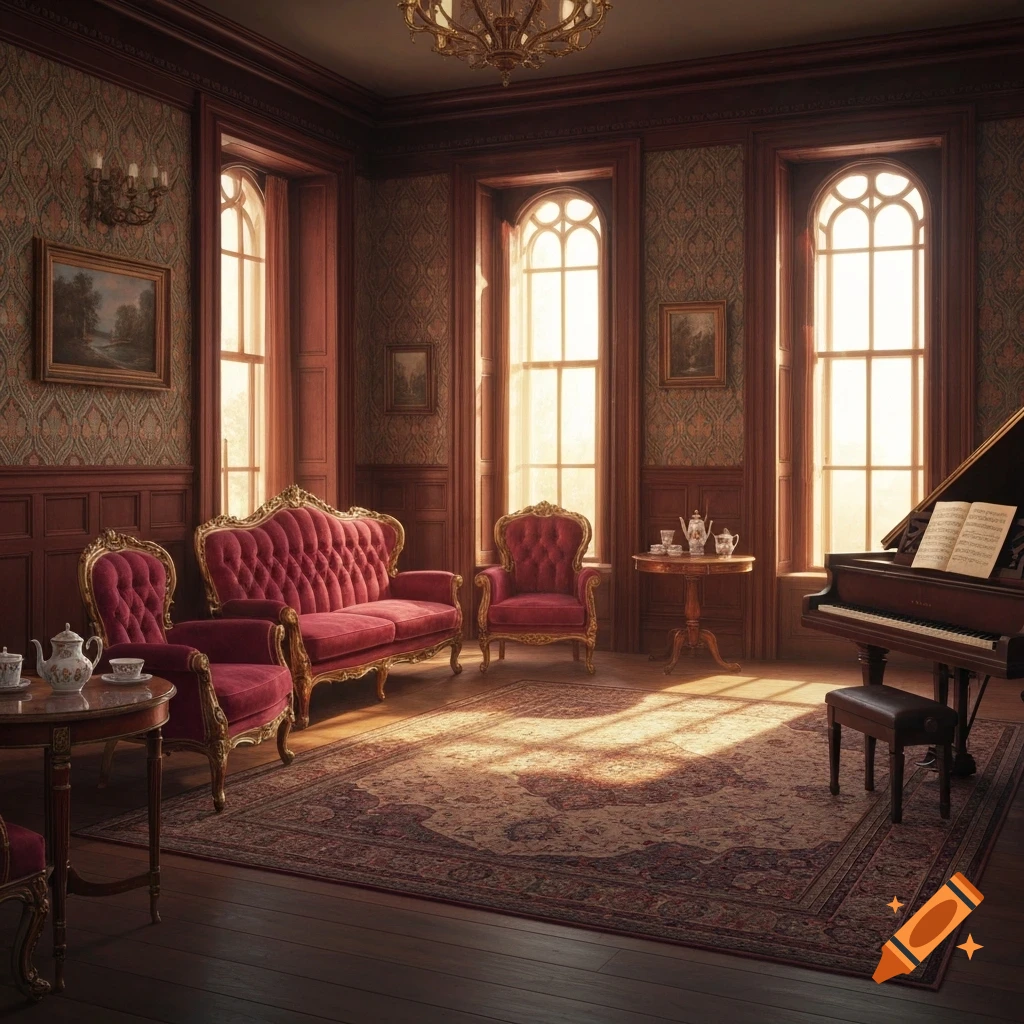 A grand, photorealistic 1900s-style room with red velvet furniture, a grand piano, large windows, a patterned rug, and a chandelier.
