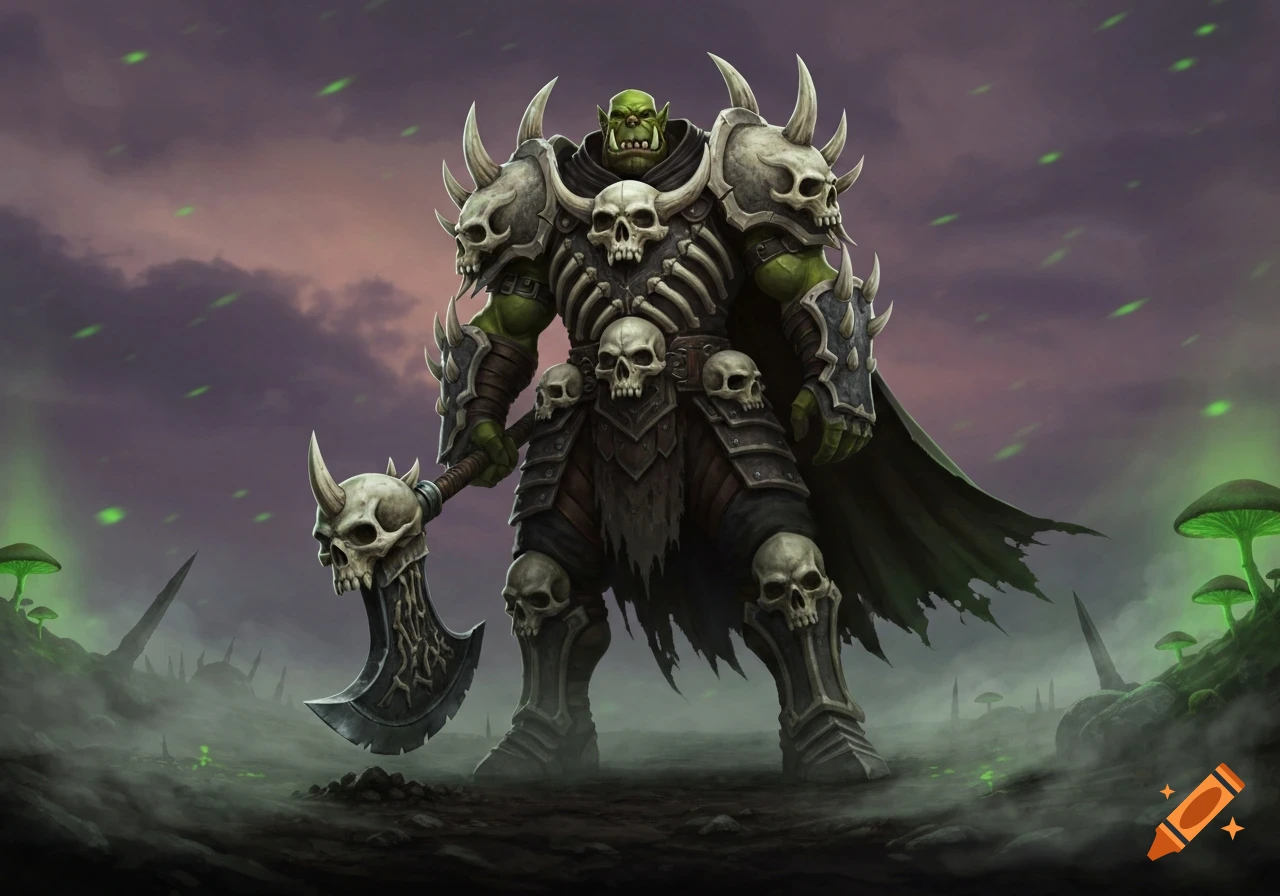 A formidable green-skinned orc knight in elaborate bone and skull armor, holding a skull axe in a misty fantasy landscape with glowing mushrooms.