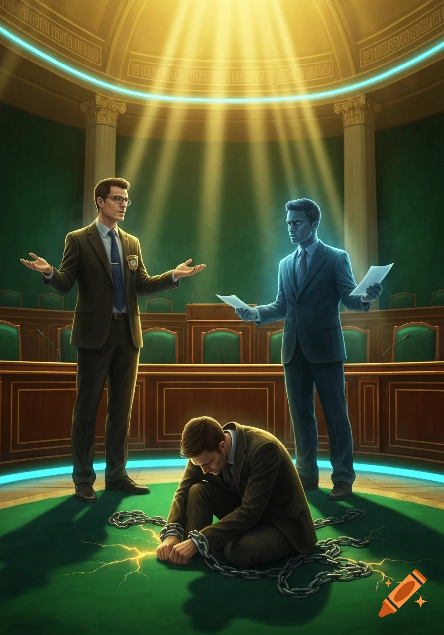 A dramatic courtroom scene with three men: an advocate, a ghostly prosecutor, and a chained man on the floor, under golden light.