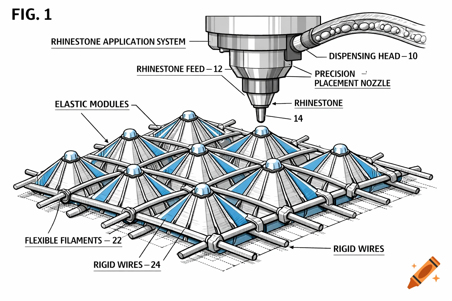 Detailed technical illustration of a rhinestone application system with labels, showing a dispensing head applying rhinestones to elastic modules on a grid of flexible and rigid wires.
