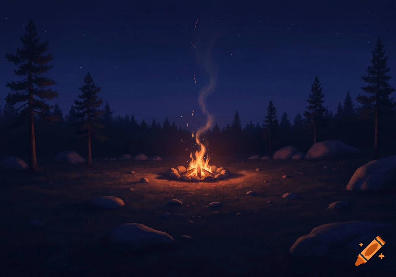 An illustrative view of a vibrant campfire glowing in a dark forest clearing at midnight, with pine trees and rocks under a starry sky.