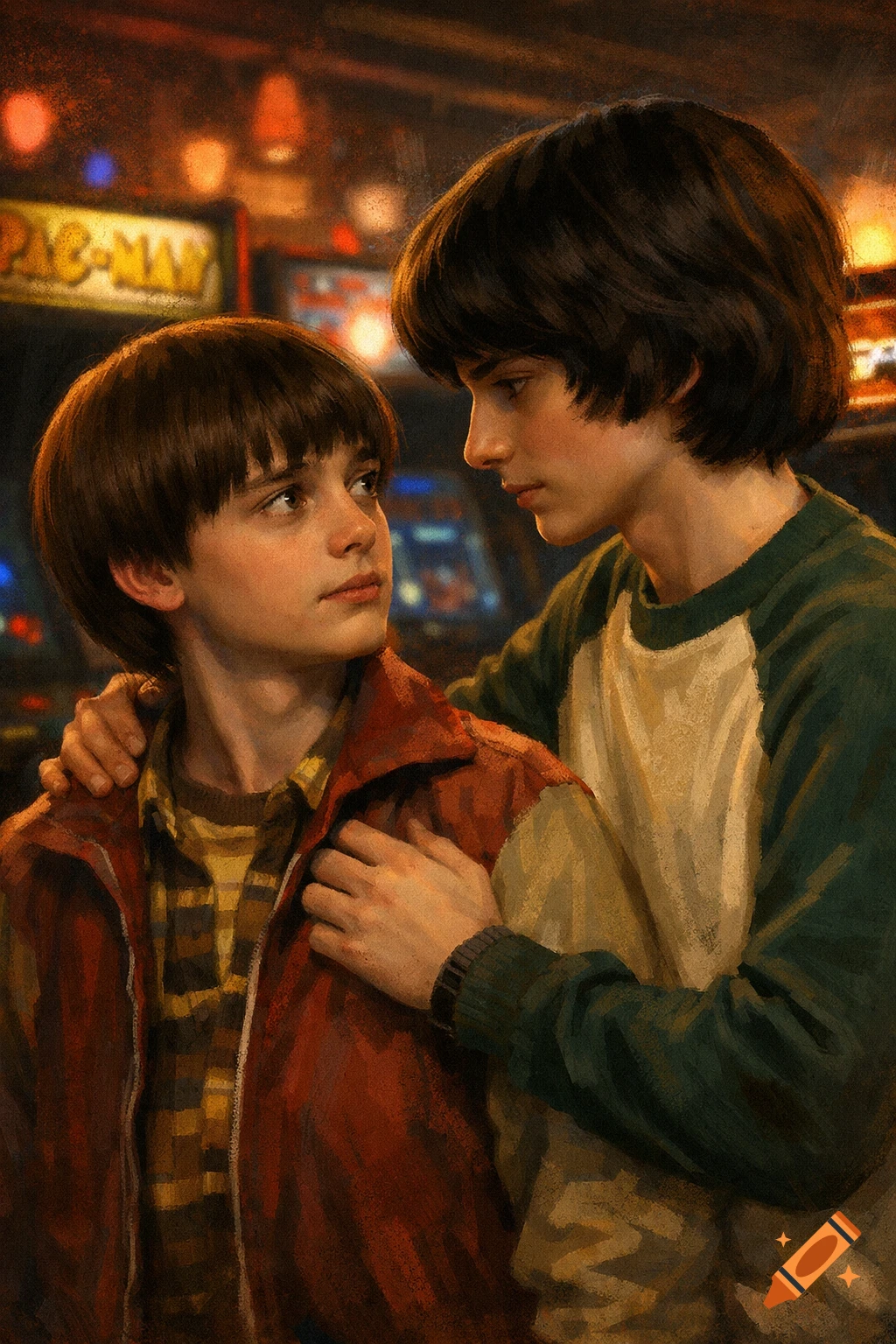 A painted portrait of two young men in an arcade, one with an arm around the other's shoulder, looking at each other.