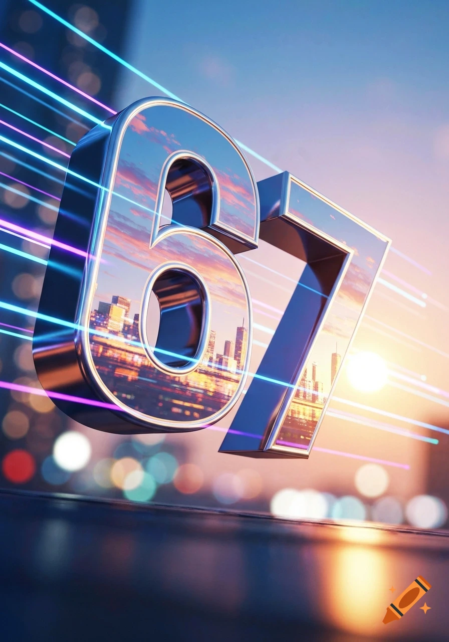Photorealistic 3D render of large, shiny metallic numbers '67' reflecting a city skyline at dusk with neon light trails.