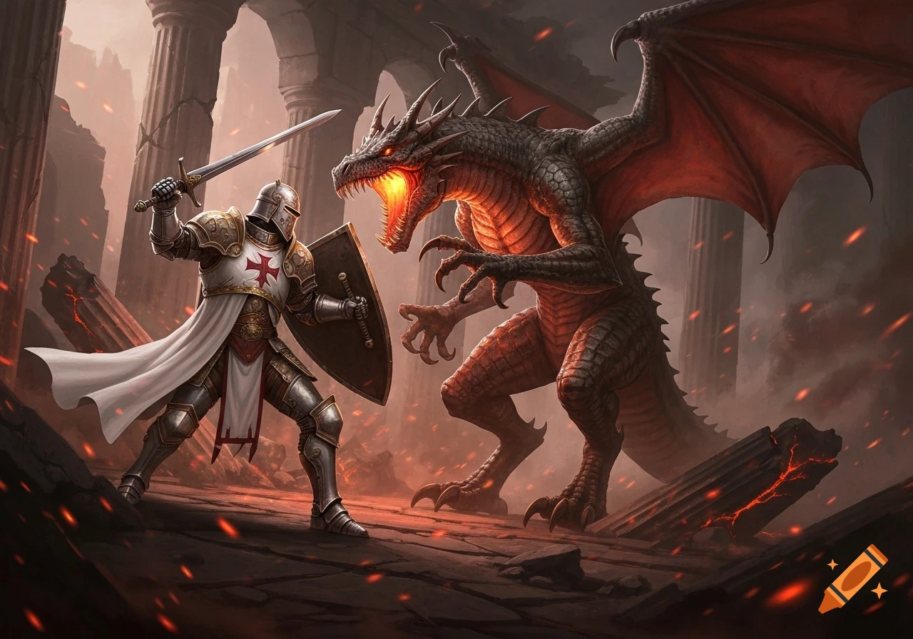 A templar knight with a sword and shield fights a large, fire-breathing dragon in ruined ancient architecture.