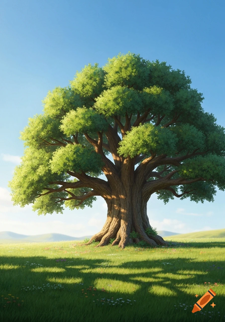 A large, lush green tree stands centrally in a vibrant sunny field under a clear blue sky, with distant hills.