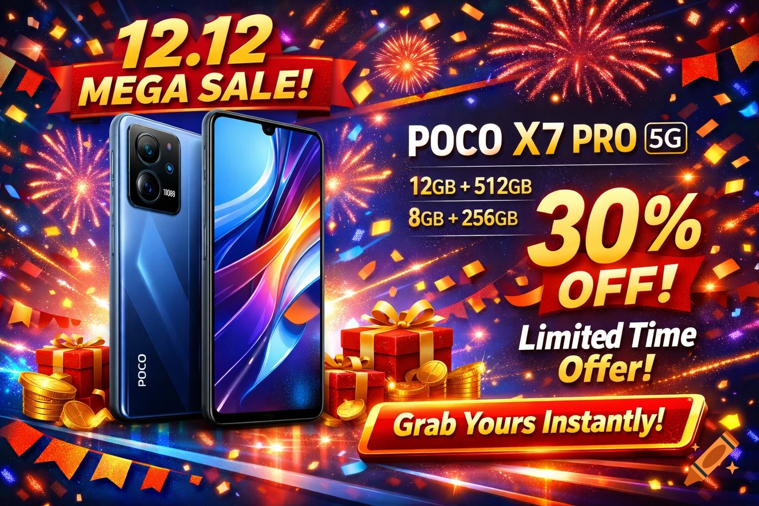 A vibrant advertisement for a "12.12 Mega Sale" featuring two blue POCO X7 Pro 5G phones, fireworks, confetti, gift boxes, and coins, with a "30% OFF!" offer.