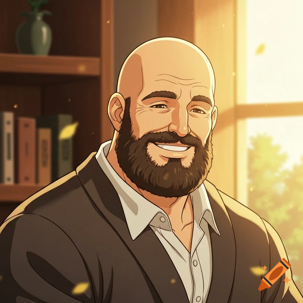 A friendly bald man with a beard smiles in a classic anime style, standing in a sunlit room with a bookshelf.