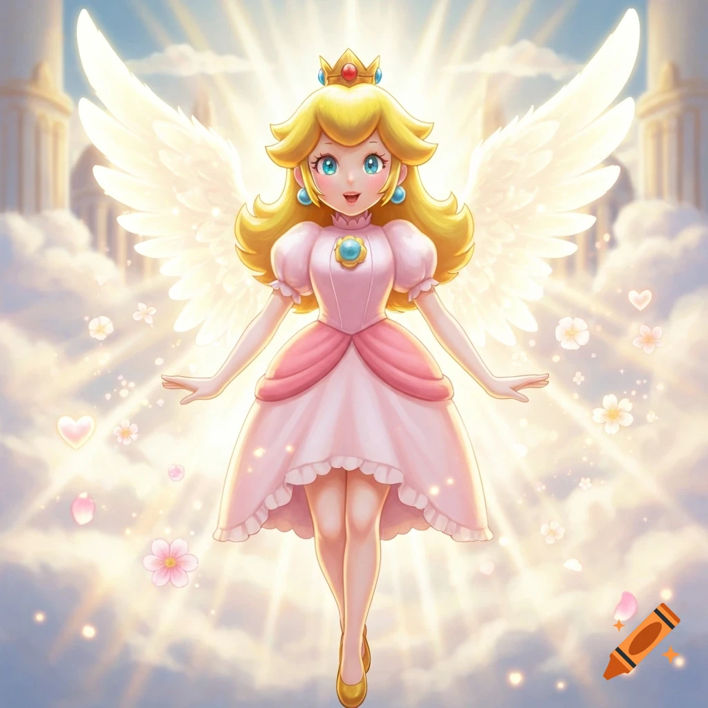 Princess Peach with angel wings floats in a bright, cloudy sky, surrounded by sun rays, hearts, and flowers.