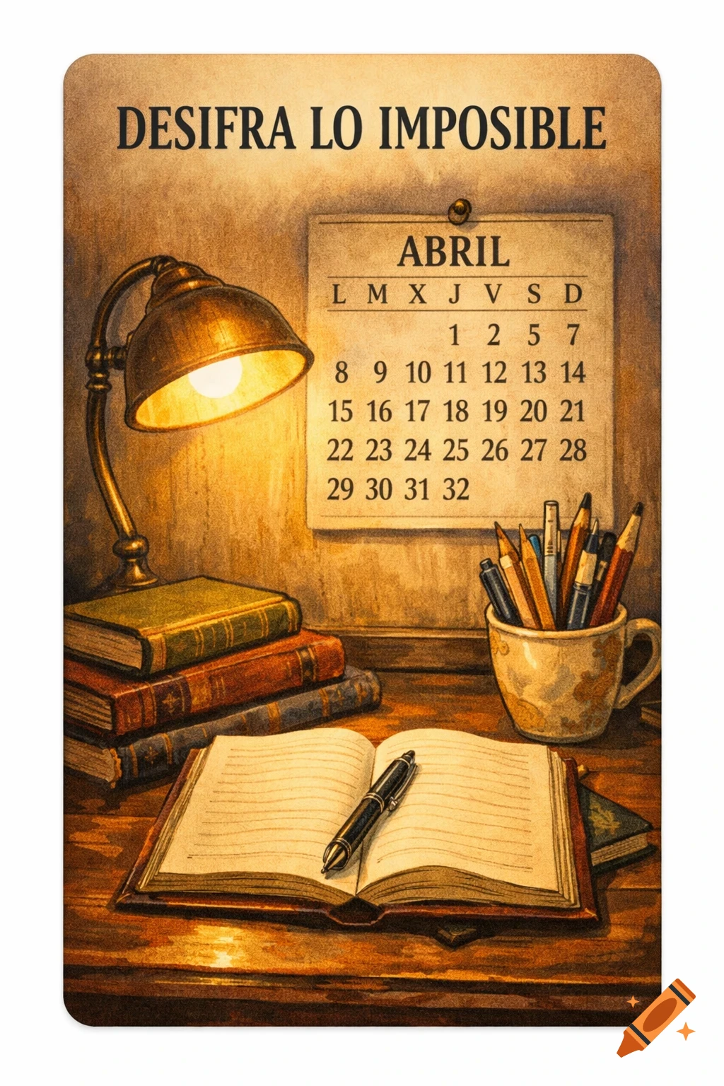 A vintage-style illustration of a desk with a glowing lamp, stacked books, an open notebook with a pen, a cup of pencils, and a calendar on the wall. The text 'DESIFRA LO IMPOSIBLE' is at the top.