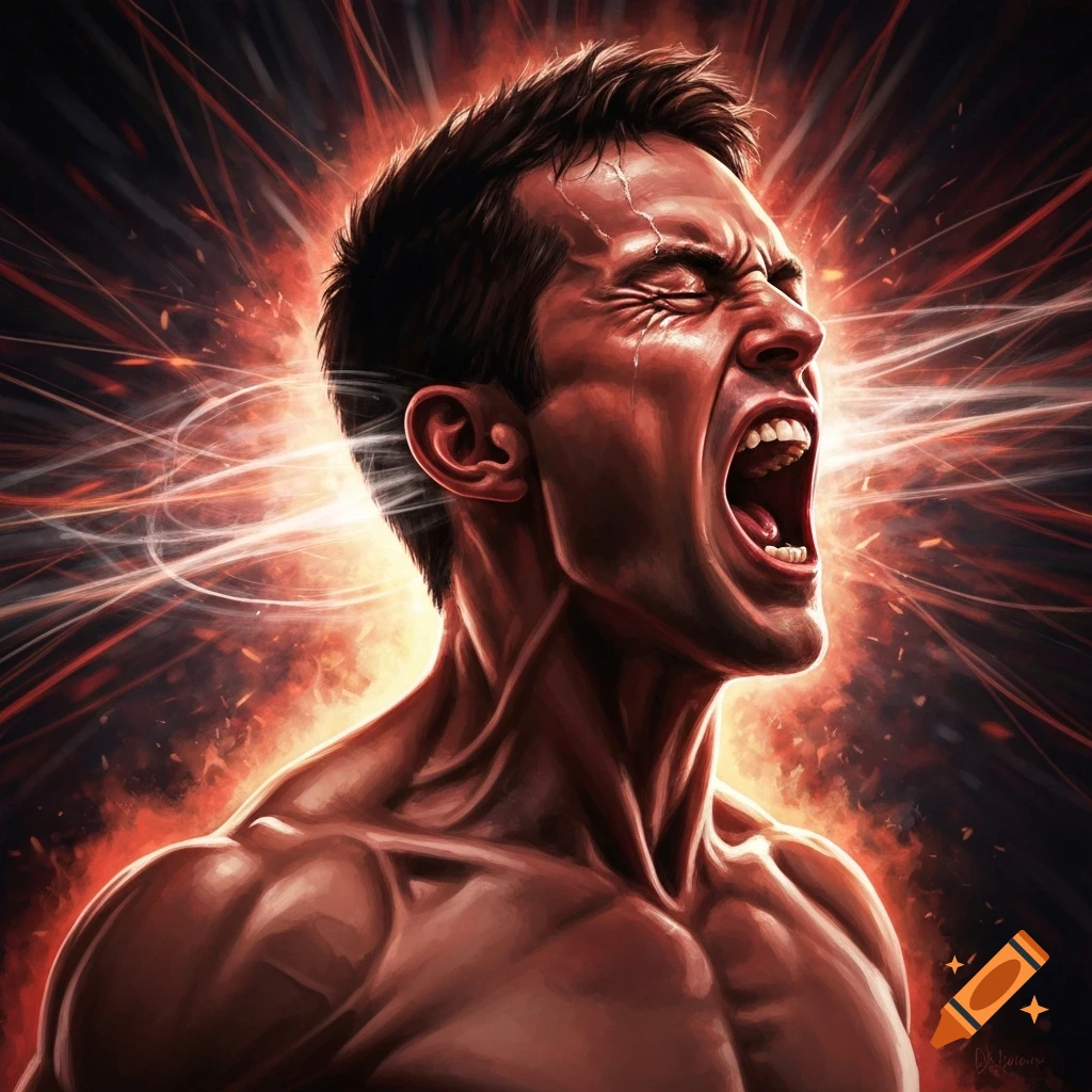 Muscular man with red skin screaming with intense emotion, surrounded by glowing red and orange energy.