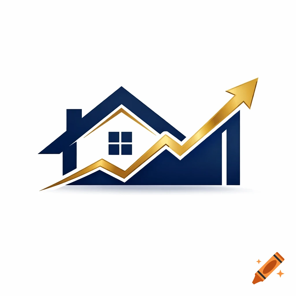 A blue house logo with a golden upward-trending arrow representing growth and real estate.