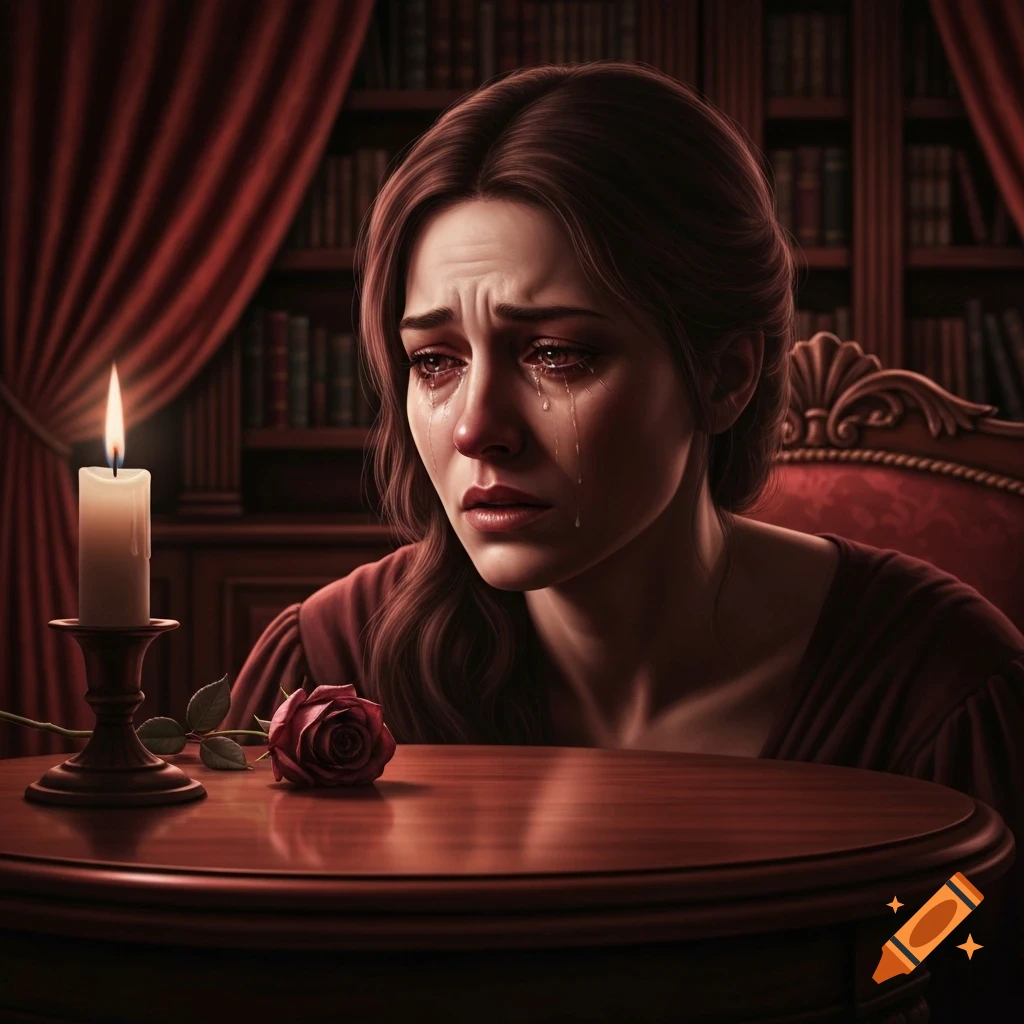 A photorealistic portrait of a crying woman in a dim room with a lit candle, a red rose, and bookshelves in the background.