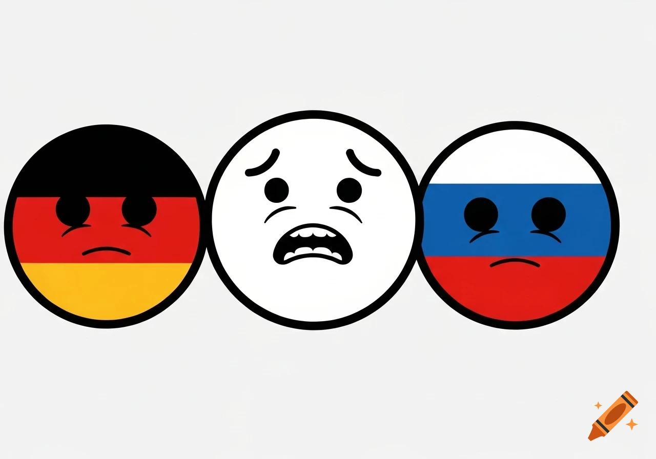 A cartoon depicting a scared white emoji face between a sad German flag face and a sad Russian flag face.