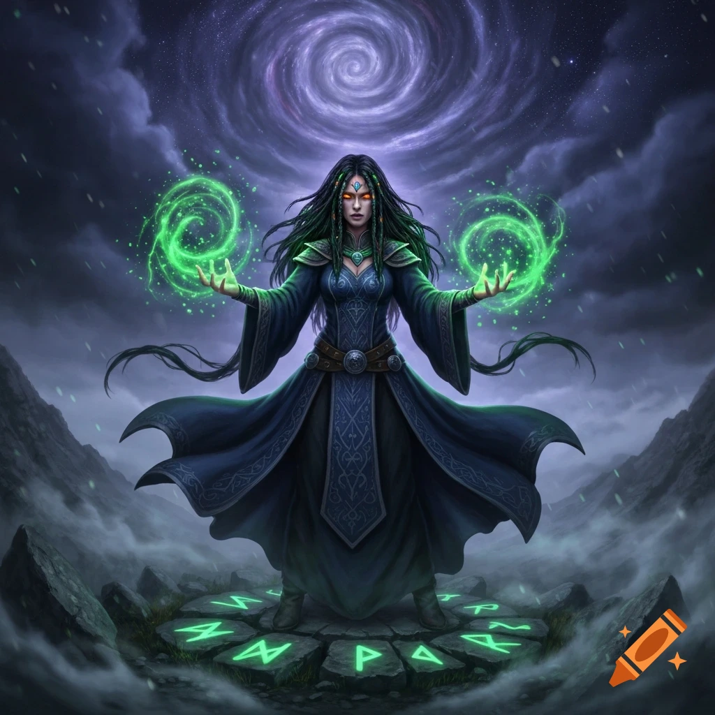 A dark-haired witch in a long blue robe stands on a stone platform with glowing green runes, casting green magic under a swirling dark sky.