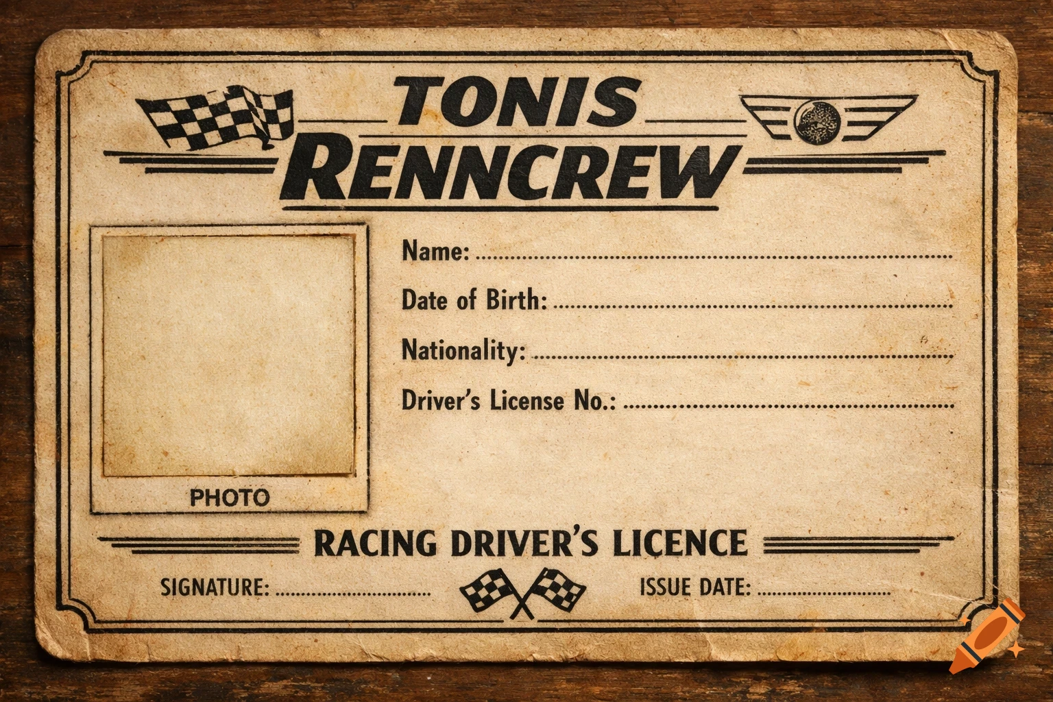 A vintage racing driver's license for 'Tonis Renncrew' on aged paper, with fields for personal details and a photo.